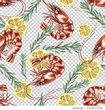 Seamless pattern with shrimp, lemon, and rosemary. Hand-drawn watercolor illustration. Colorful seafood image. Perfect for menus, recipe books, packaging, labels, and textiles. Seamless pattern with shrimp, lemon, and rosemary. Hand-drawn watercolor illustration. Colorful seafood image. Perfect for menus, recipe books, packaging, labels, and textiles. 131872159