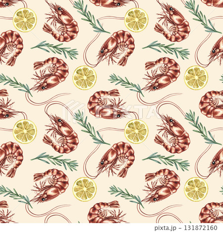Seamless pattern with shrimp, lemon, and rosemary. Hand-drawn watercolor illustration. Colorful seafood image. Perfect for menus, recipe books, packaging, labels, and textiles. Seamless pattern with shrimp, lemon, and rosemary. Hand-drawn watercolor illustration. Colorful seafood image. Perfect for menus, recipe books, packaging, labels, and textiles. 131872160