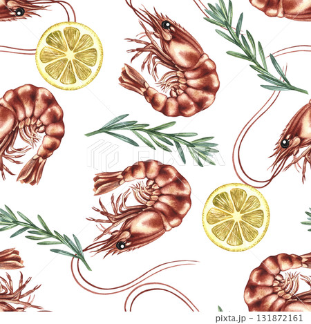 Seamless pattern with shrimp, lemon, and rosemary. Hand-drawn watercolor illustration. Colorful seafood image. Perfect for menus, recipe books, packaging, labels, and textiles. 131872161
