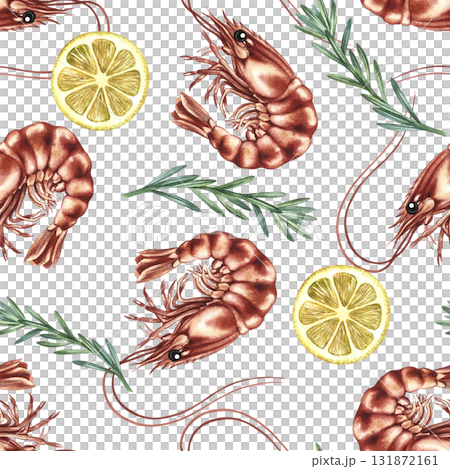 Seamless pattern with shrimp, lemon, and rosemary. Hand-drawn watercolor illustration. Colorful seafood image. Perfect for menus, recipe books, packaging, labels, and textiles. 131872161