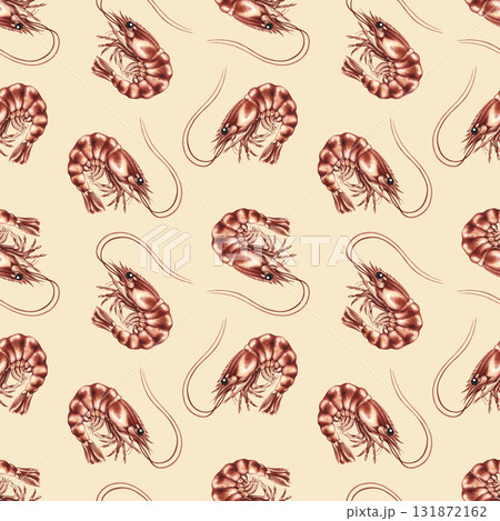 Seamless pattern with shrimp. Hand-drawn watercolor illustration. Colorful image of seafood. Perfect for menus, recipe books, packaging, labels, textiles, and more. Seamless pattern with shrimp. Hand-drawn watercolor illustration. Colorful image of seafood. Perfect for menus, recipe books, packaging, labels, textiles, and more. 131872162