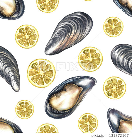 Seamless pattern with mussels and lemon. Handmade watercolor illustration. Colorful image of a gourmet seafood dish. Suitable for menus, recipe books, packaging, labels, textiles, and more. 131872167