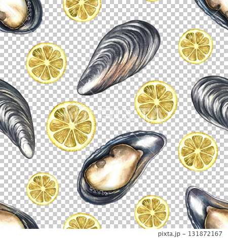Seamless pattern with mussels and lemon. Handmade watercolor illustration. Colorful image of a gourmet seafood dish. Suitable for menus, recipe books, packaging, labels, textiles, and more. 131872167