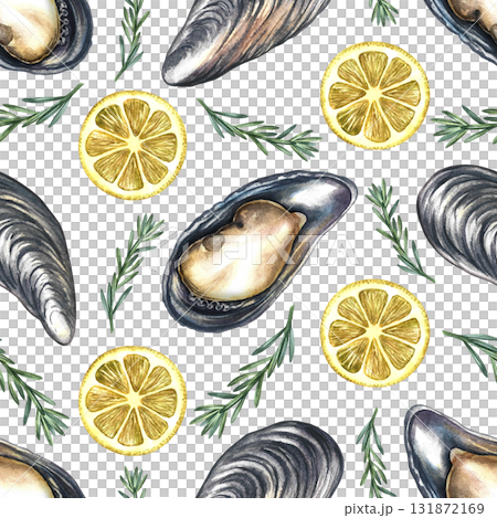 Seamless pattern with mussels, lemon, and rosemary. Hand-drawn watercolor illustration. Colorful image of a gourmet seafood dish. For menus, recipe books, packaging, labels, textiles, and more. 131872169