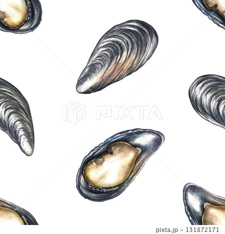 Seamless pattern of fresh mussels. Hand-drawn watercolor illustration. Colorful image of seafood. Perfect for menus, recipe books, packaging, labels, invitations, and more. Seamless pattern of fresh mussels. Hand-drawn watercolor illustration. Colorful image of seafood. Perfect for menus, recipe books, packaging, labels, invitations, and more. 131872171