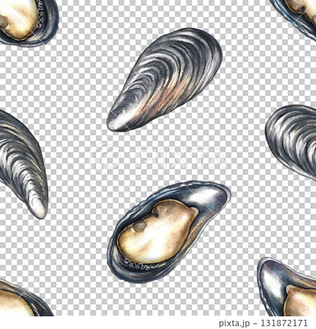 Seamless pattern of fresh mussels. Hand-drawn watercolor illustration. Colorful image of seafood. Perfect for menus, recipe books, packaging, labels, invitations, and more. 131872171