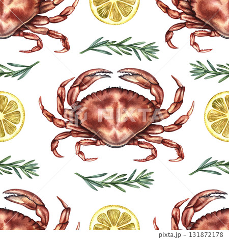 Seamless pattern with crabs, lemon, and rosemary. Hand-drawn watercolor illustration. Colorful image of a seafood dish. For menus, recipe books, packaging, and labels. 131872178