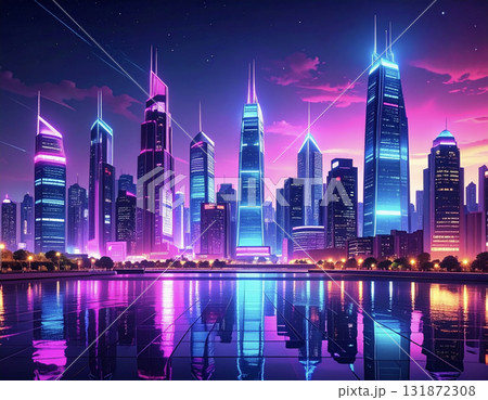 ネオンが煌めく都会の夜景背景|スタイリッシュでモダンな都市デザイン ネオンが煌めく都会の夜景背景|スタイリッシュでモダンな都市デザイン 131872308