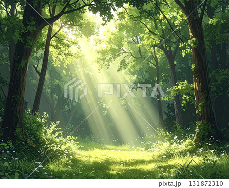 森の木漏れ日が差し込む癒やしのグリーン背景 森の木漏れ日が差し込む癒やしのグリーン背景 131872310