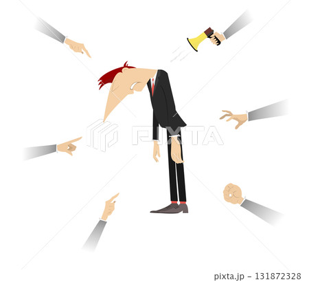 Upset man. Hands with orders and instructions. Concept. Upset man or businessman with head down surrounded by orders and instructions of his superiors hands 131872328