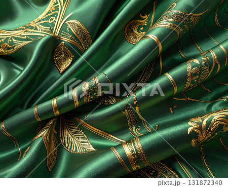エメラルドグリーンの光沢のあるシルクに金糸の刺繍が織りなす豪華な装飾 131872340