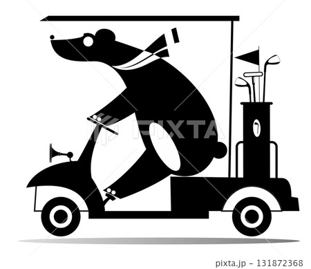Cute bear on the golf cart car goes to play golf. Cute bear going to play golf in the golf cart. Isolated on white background	 131872368