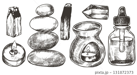 Aromatherapy, meditation set. Incense, essential oils, Palo Santo. Sketch style illustration. Aromatherapy, meditation set. Incense, essential oils, Palo Santo. Sketch style illustration. 131872373