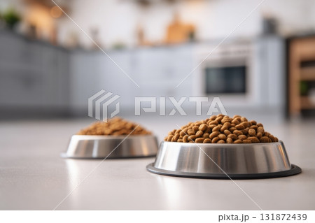 Pet Food Two Bowls on a White Floor. Dining Room Background. Pet Food Banner. Domestic Animals Dry Food. Lot of Dry Granules of Crunchy Dog or Cat Animal Feed Pile. Pet Shop, Delivery. Healthy Treat 131872439