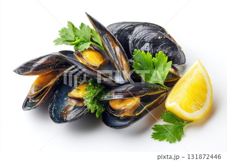 Mussels isolated on white background. Gourmet Spicy Mussels opened garnished with fresh green parsley and lemon slices served. Asian Style. Delicious seafood. Clams in the shells. Shellfish food. 131872446