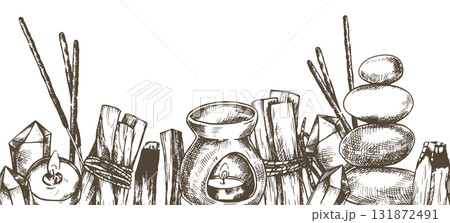 aromatherapy, seamless border. incense, aromatic oils, palo santo. illustration in sketch style aromatherapy, seamless border. incense, aromatic oils, palo santo. illustration in sketch style 131872491