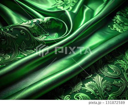 高級感のあるエメラルドグリーンの光沢と同色の刺繍が美しい豪華なシルクの布 131872589