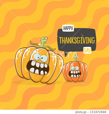 Funny Thanksgiving day square banner with vector funny cartoon cute smiling friends pumpkins isolated on orange geometric background. Thanksgiving day banner and label design template with pumpkins Funny Thanksgiving day square banner with vector funny cartoon cute smiling friends pumpkins isolated on orange geometric background. Thanksgiving day banner and label design template with pumpkins 131872688