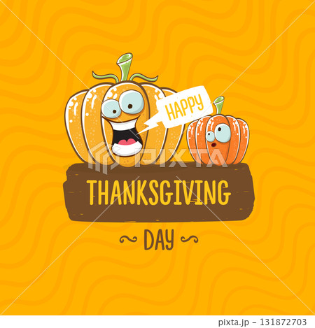 Funny Thanksgiving day square banner with vector funny cartoon cute smiling friends pumpkins isolated on orange geometric background. Thanksgiving day banner and label design template with pumpkins 131872703