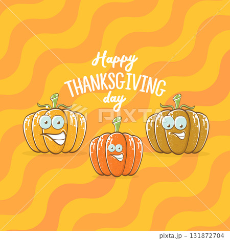 Funny Thanksgiving day square banner with vector funny cartoon cute smiling friends pumpkins isolated on orange geometric background. Thanksgiving day banner and label design template with pumpkins Funny Thanksgiving day square banner with vector funny cartoon cute smiling friends pumpkins isolated on orange geometric background. Thanksgiving day banner and label design template with pumpkins 131872704