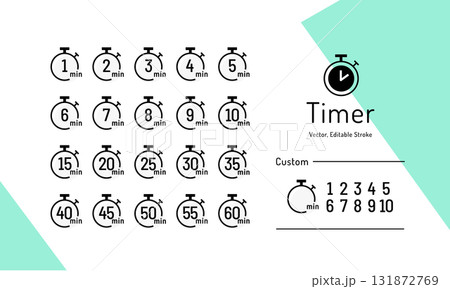 カスタム可能な数字入りのタイマー・ストップウォッチのベクターアイコンセット(1～60分) 分単位 131872769