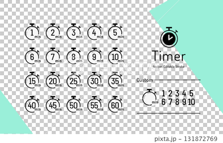 カスタム可能な数字入りのタイマー・ストップウォッチのベクターアイコンセット(1～60分) 分単位 131872769