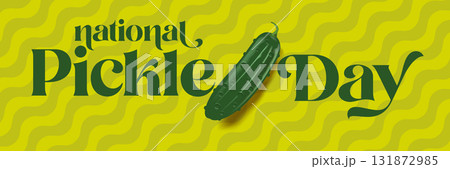 National Pickle day horizontal banner design template with text and pickled cucumbers isolated on green geometric pattern background. Pickle day flyer. 14 november national day of pickled cucumber 131872985