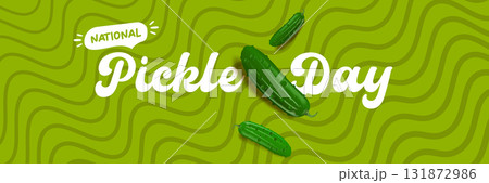 National Pickle day horizontal banner design template with text and pickled cucumbers isolated on green geometric pattern background. Pickle day flyer. 14 november national day of pickled cucumber 131872986