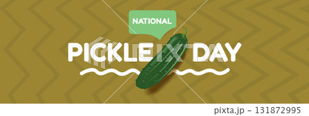 National Pickle day horizontal banner design template with text and pickled cucumbers isolated on green geometric pattern background. Pickle day flyer. 14 november national day of pickled cucumber 131872995