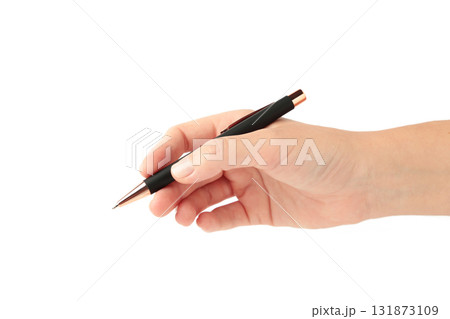 Young woman holding black pen isolated on white background, closeup 131873109