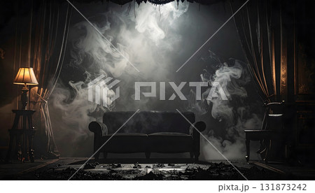 廃墟のような暗い部屋の中にあるソファのある風景 廃墟のような暗い部屋の中にあるソファのある風景 131873242
