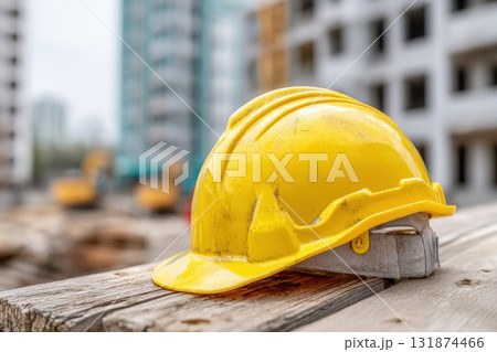 Protective yellow helmet on a blurred building construction site background. Close-up safety hard hat with partially built house. Planning and construction management. Engineers supervising. Labor Day 131874466