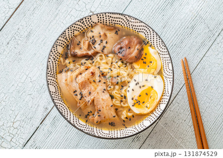 Bowl of ramen with pork belly, soft egg, and shiitake mushrooms Bowl of ramen with pork belly, soft egg, and shiitake mushrooms 131874529