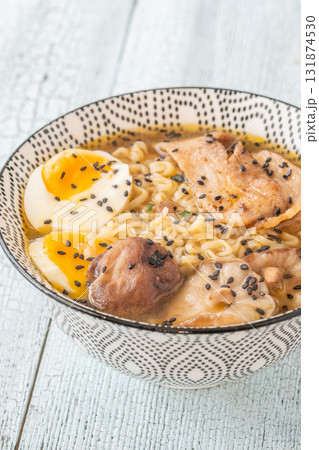Bowl of ramen with pork belly, soft egg, and shiitake mushrooms 131874530