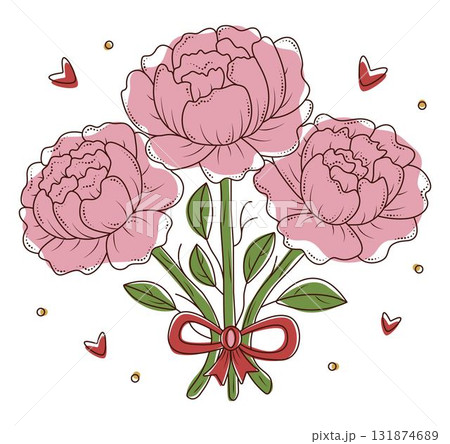 Three pink peonies in boho palette with black line contour and dots, vector peony flower bouquet with a red bow and hearts 131874689