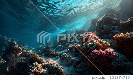サンゴ礁と太陽光が美しい海中の風景 サンゴ礁と太陽光が美しい海中の風景 131874759