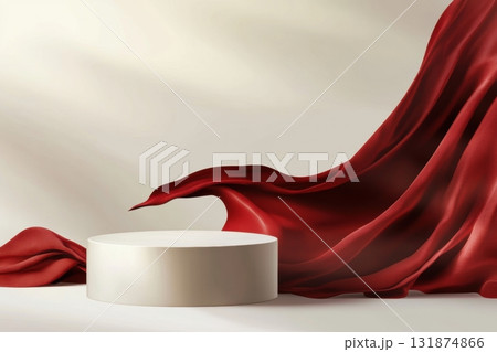Red silk fabric and white circle cylinder podium. Display scene. Product space. Drapery. Show mockup presentation. Abstract background. Textile pattern. Cloth cover pedestal satin. Creases and shadows Red silk fabric and white circle cylinder podium. Display scene. Product space. Drapery. Show mockup presentation. Abstract background. Textile pattern. Cloth cover pedestal satin. Creases and shadows 131874866