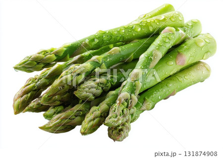 Fresh green asparagus spears grouped in clusters isolated on transparent white background. Detailed texture and vibrant color. Close-up studio of group of fresh asparagus stalks arranged neatly. Fresh green asparagus spears grouped in clusters isolated on transparent white background. Detailed texture and vibrant color. Close-up studio of group of fresh asparagus stalks arranged neatly. 131874908