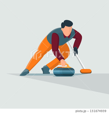 Vector illustration of the winter sport curling, featuring a curling stone sliding across the ice with a broom used to guide its path 131874939
