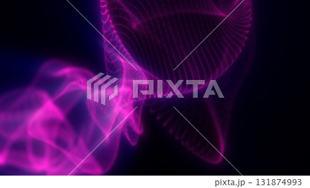 Vivid magenta light waves twist and flow across a dark background, forming dynamic abstract loops in a digital mesh style 131874993