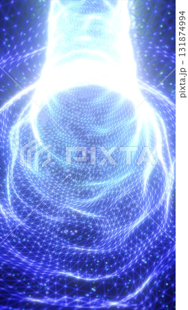 Abstract glowing blue vortex made of geometric mesh lines and bright light spirals forming a digital tunnel effect 131874994