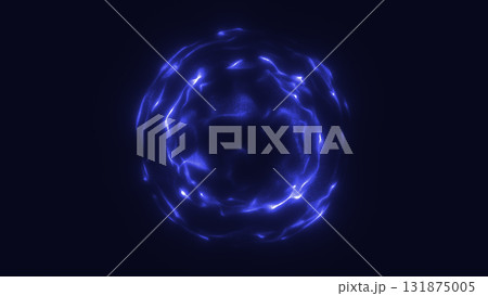 Abstract glowing blue energy vortex sphere with dynamic swirling light particles on dark background 131875005