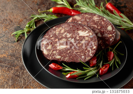 Blood sausage with pieces of meat. Blood sausage with pieces of meat. 131875033