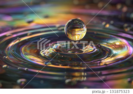 A single water droplet is suspended mid-air above the surface, creating a perfect column and vibrant ripples reflecting warm orange and purple light. A single water droplet is suspended mid-air above the surface, creating a perfect column and vibrant ripples reflecting warm orange and purple light. 131875323