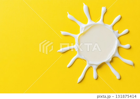 Sunscreen on a bright yellow background. Sun protection. White sunshaped cream. Skin care. Suntan Lotion In Sun Form. Sun protect cream. Moisturizing Sunblock. Summer tropical Cosmetic. Copy space Sunscreen on a bright yellow background. Sun protection. White sunshaped cream. Skin care. Suntan Lotion In Sun Form. Sun protect cream. Moisturizing Sunblock. Summer tropical Cosmetic. Copy space 131875414