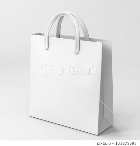 A sleek, minimalist white shopping bag with handles displayed on a clean white background. 131875695