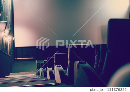 Empty cinema with white screen and seats. Side view 131876223