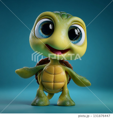 A close-up of an adorable, fuzzy, cartoon baby sea turtle with large, bright blue eyes and a friendly smile on a plain background. A close-up of an adorable, fuzzy, cartoon baby sea turtle with large, bright blue eyes and a friendly smile on a plain background. 131876447