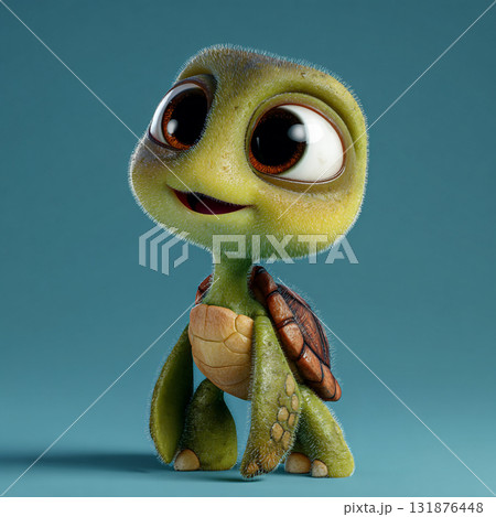 A close-up of an adorable, fuzzy, cartoon baby sea turtle with large, bright blue eyes and a friendly smile on a plain background. 131876448