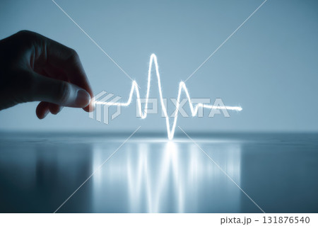Hand holding glowing heartbeat line, minimal studio shot with soft blue background, symbolizing health, care, vitality, and medical monitoring in calm and hopeful atmosphere Hand holding glowing heartbeat line, minimal studio shot with soft blue background, symbolizing health, care, vitality, and medical monitoring in calm and hopeful atmosphere 131876540